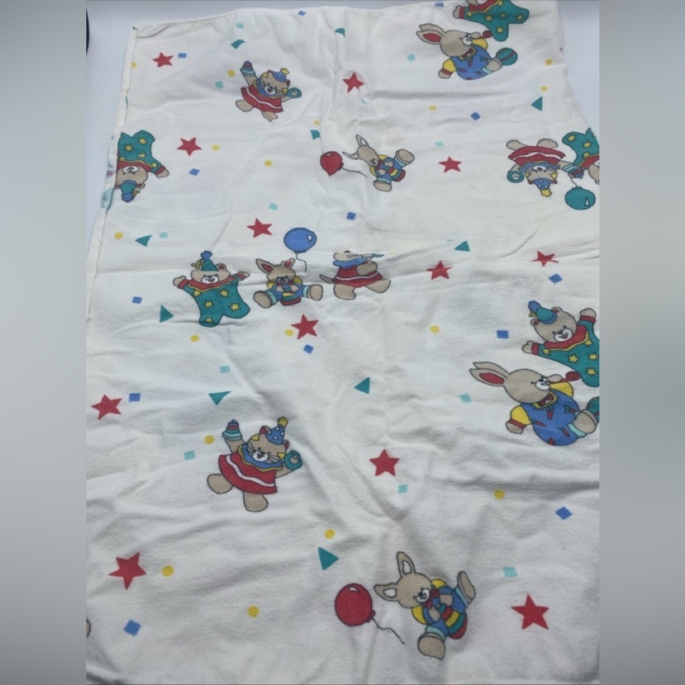Vintage Baby Receiving Blanket Teddy Bear Circus Clown Balloons Bunny Rabbit Cat